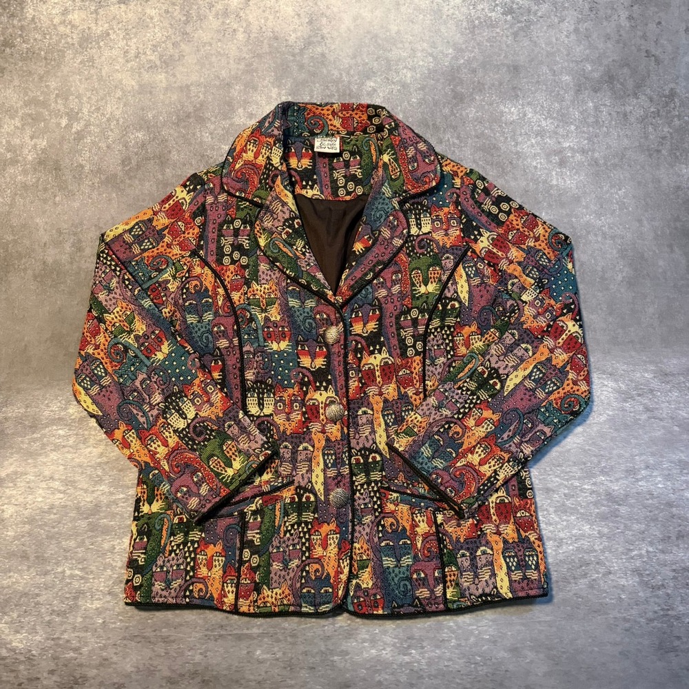 Vintage Parsley & Sage Womens Large Tapestry Cat Print Blazer Jacket Multi Color